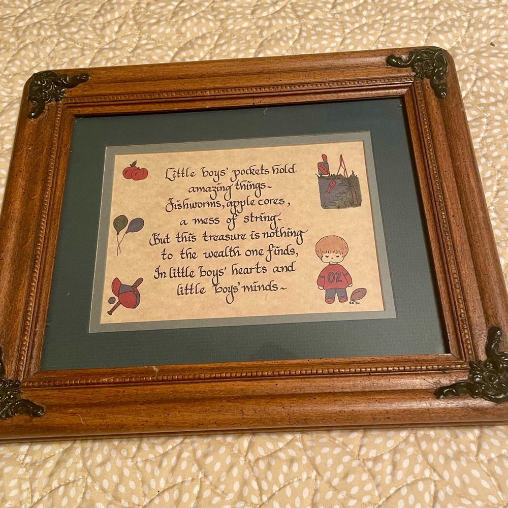 Vintage 1986 Framed Art Little Boys Poem for Children’s Nursery or Play Room